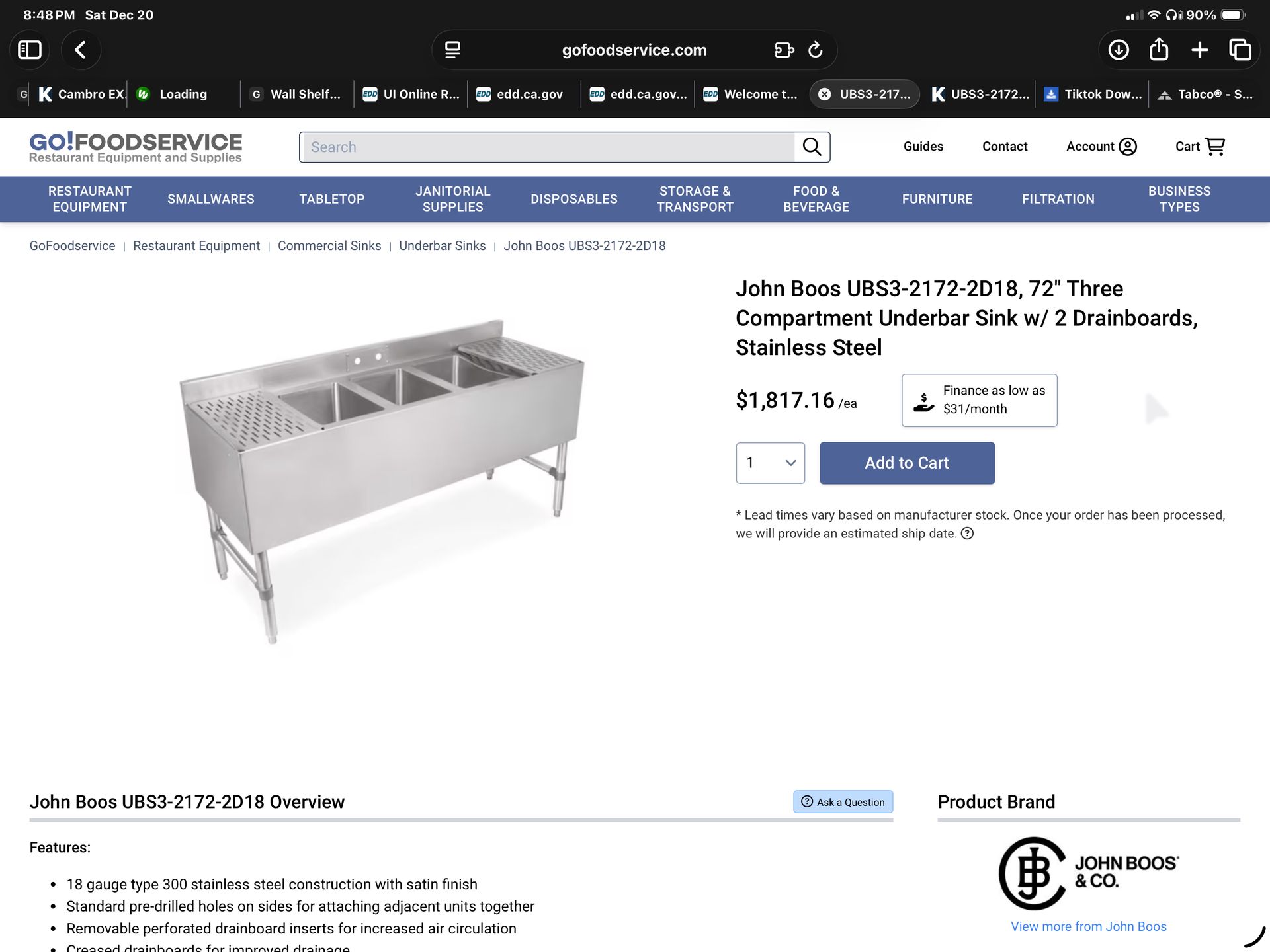 John Boos Underbar Sink — 3 Comp w/ Dual Drainboards