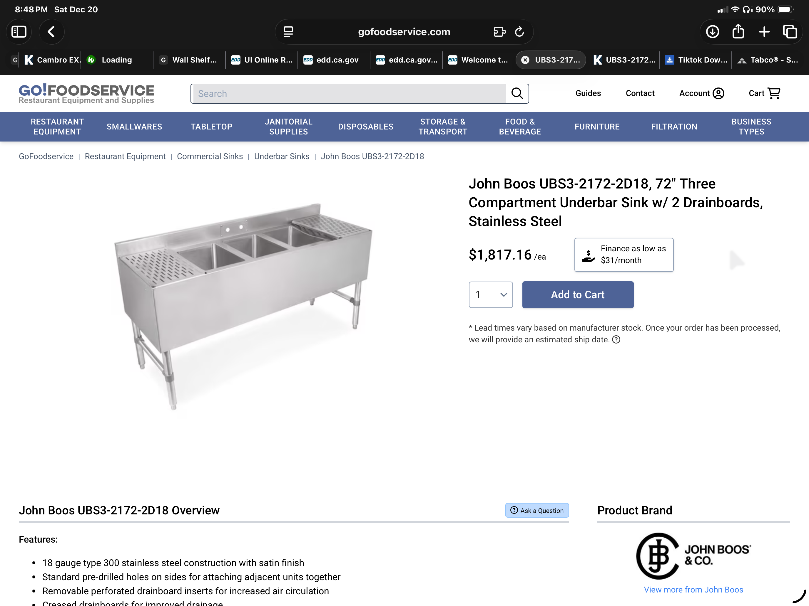 John Boos Underbar Sink — 3 Comp w/ Dual Drainboards