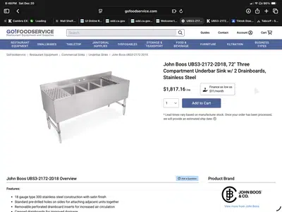 John Boos Underbar Sink — 3 Comp w/ Dual Drainboards