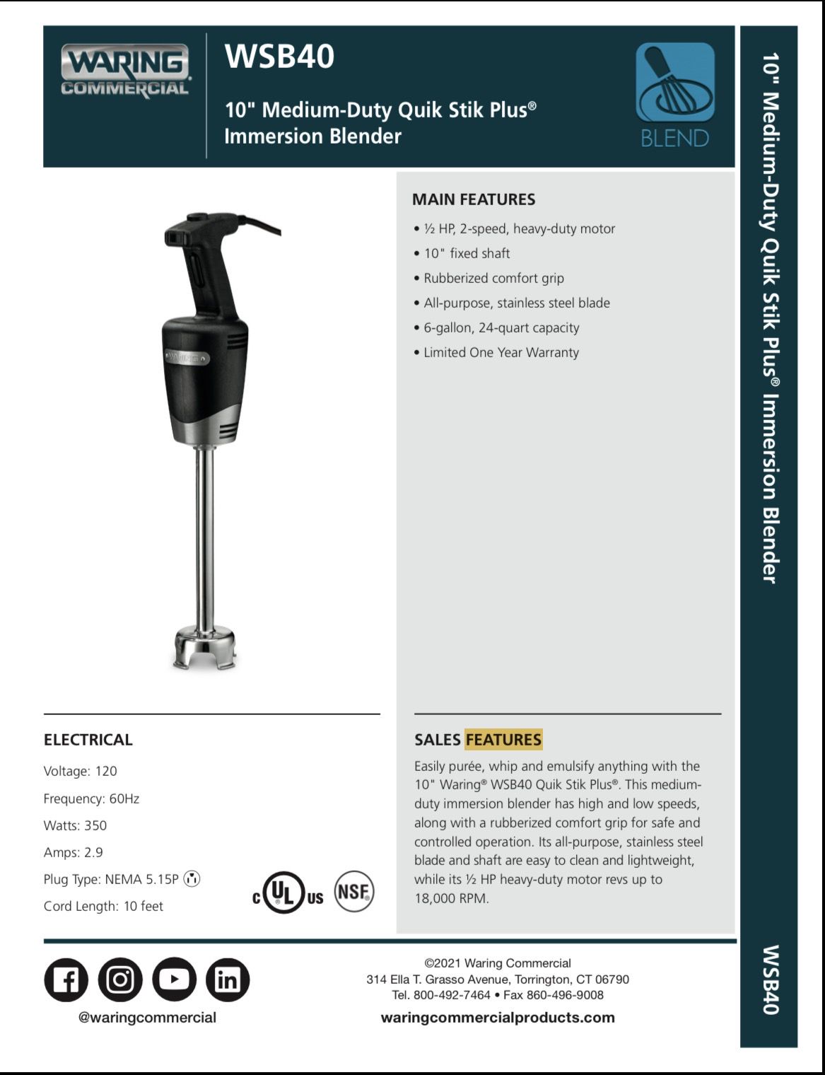 Waring WSB40 Quik Stik Immersion Blender 10" Two-Speed 1/2 HP