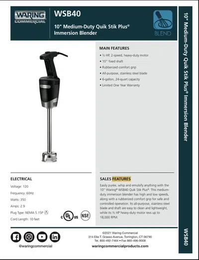 Waring WSB40 Quik Stik Immersion Blender 10" Two-Speed 1/2 HP