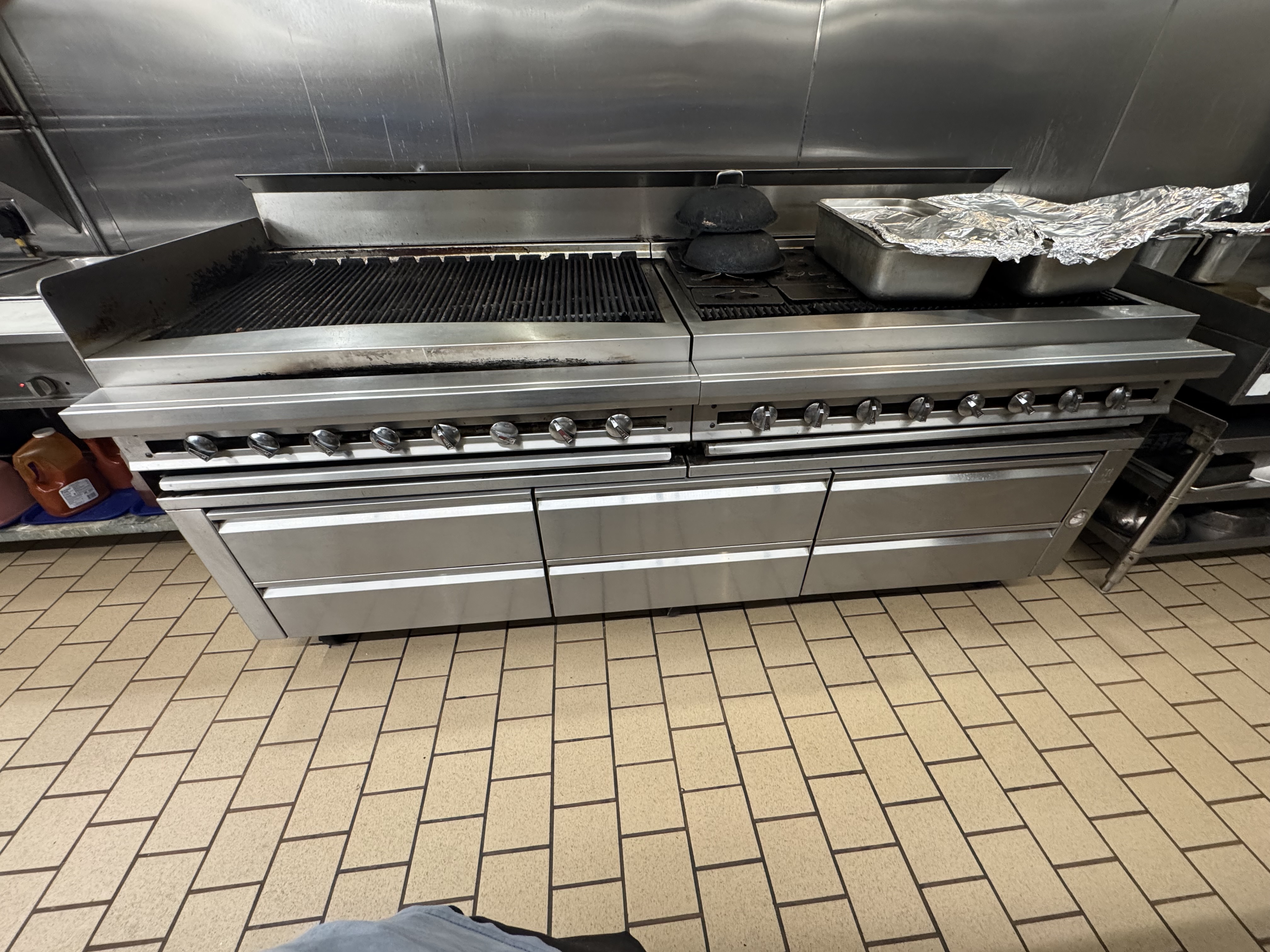 96” Jade Commercial Gas Range – 16 Burner + Charbroiler w/ Refrigerated Chef Base