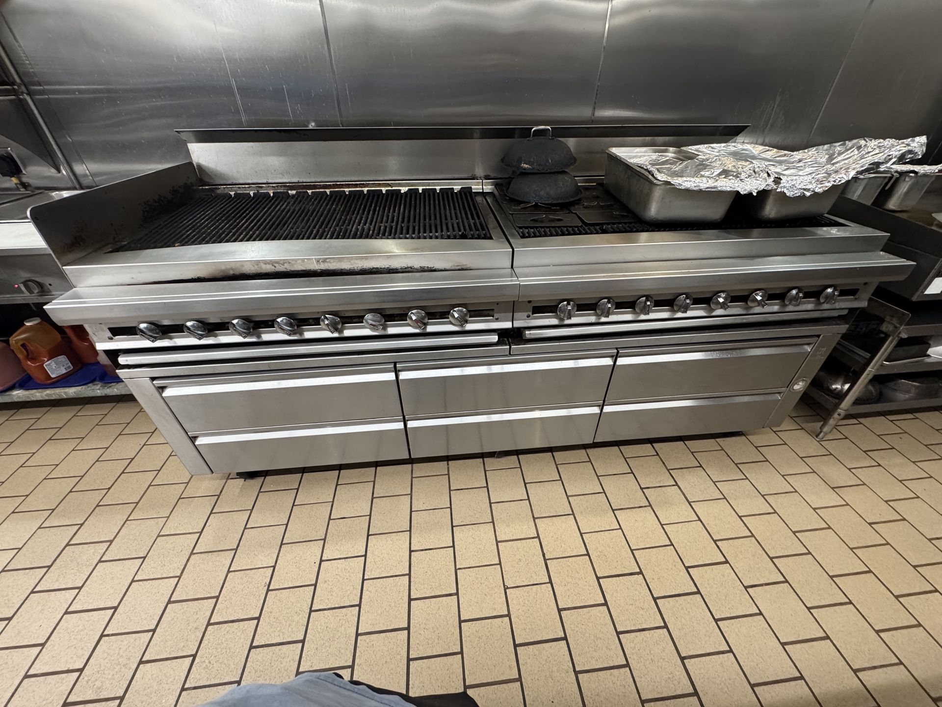 96” Jade Commercial Gas Range – 16 Burner + Charbroiler w/ Refrigerated Chef Base